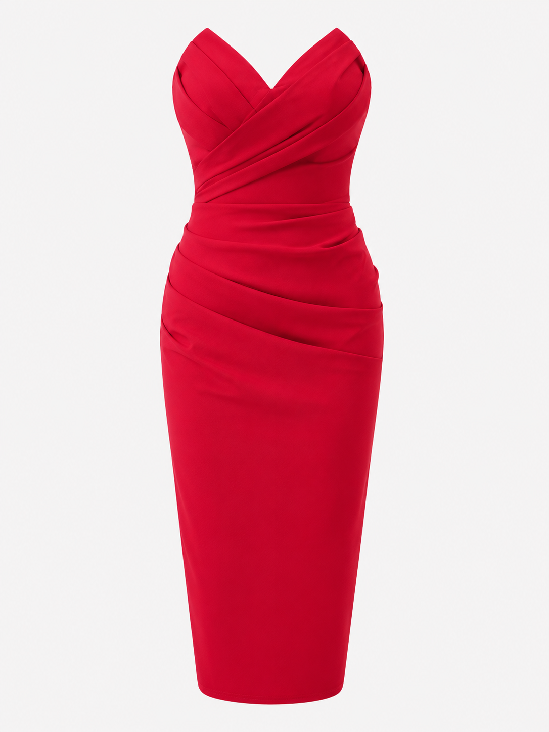 Dresses : Dames Strapless Midi Jurk van Polyester met Geplooide Overslagbuste en Rugsplit in Rosso van Pantino