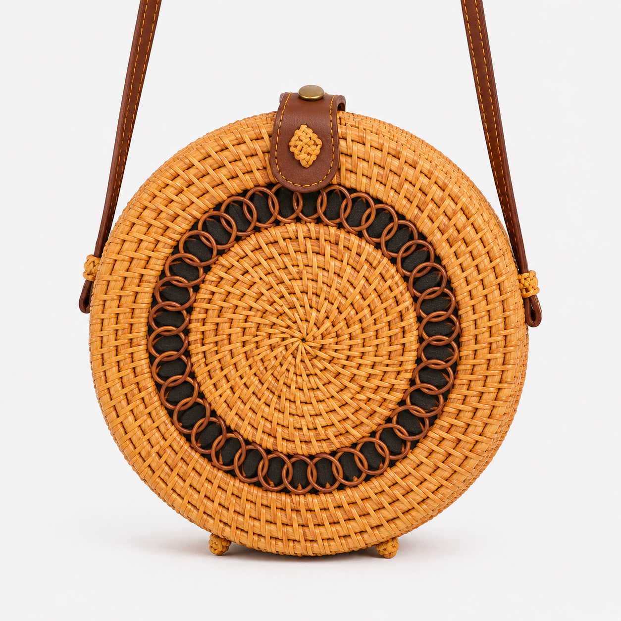 Tassen : Ronde Gevlochten Schoudertas Dames - Wickerwork Crossbody Tas in Boho Stijl in Bolnang van Pantino