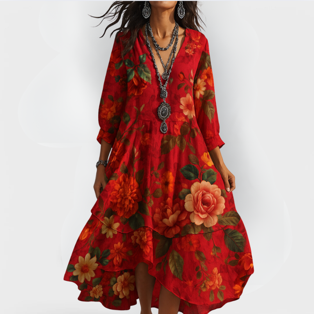 : Boho Zomerjurk Dames - Vintage Stijl met V-hals en Bloemen in Rood van Pantinoshop