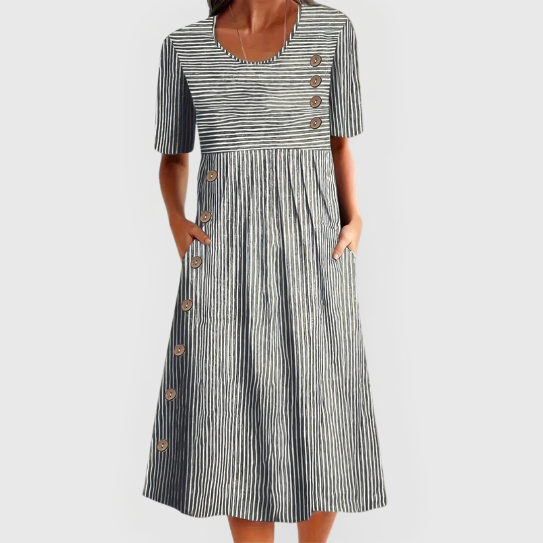 Damesjur : Dames Midi Jurk met Strepen en Knoopdetails - Comfortabele Pasvorm in Grijs van Pantinoshop