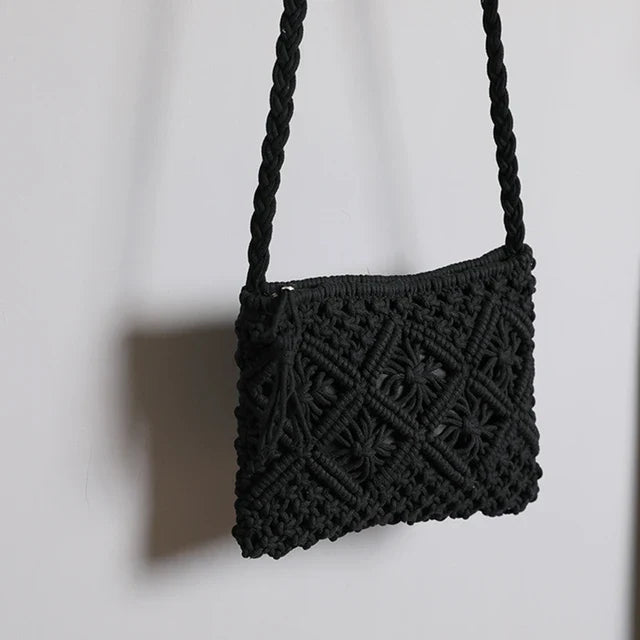 bags : Boho Schoudertas Dames - Katoenen Touw Gevlochten Eco - Katoen in Zwart van Pantino