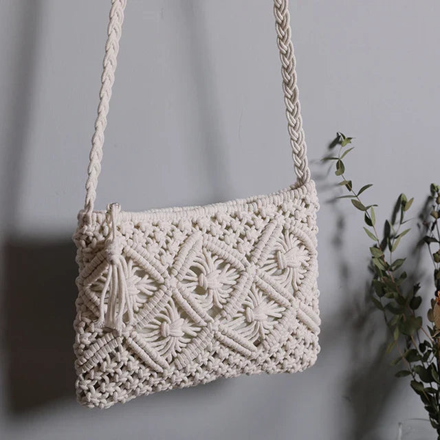 bags : Boho Schoudertas Dames - Katoenen Touw Gevlochten Eco - Katoen in Wit van Pantino