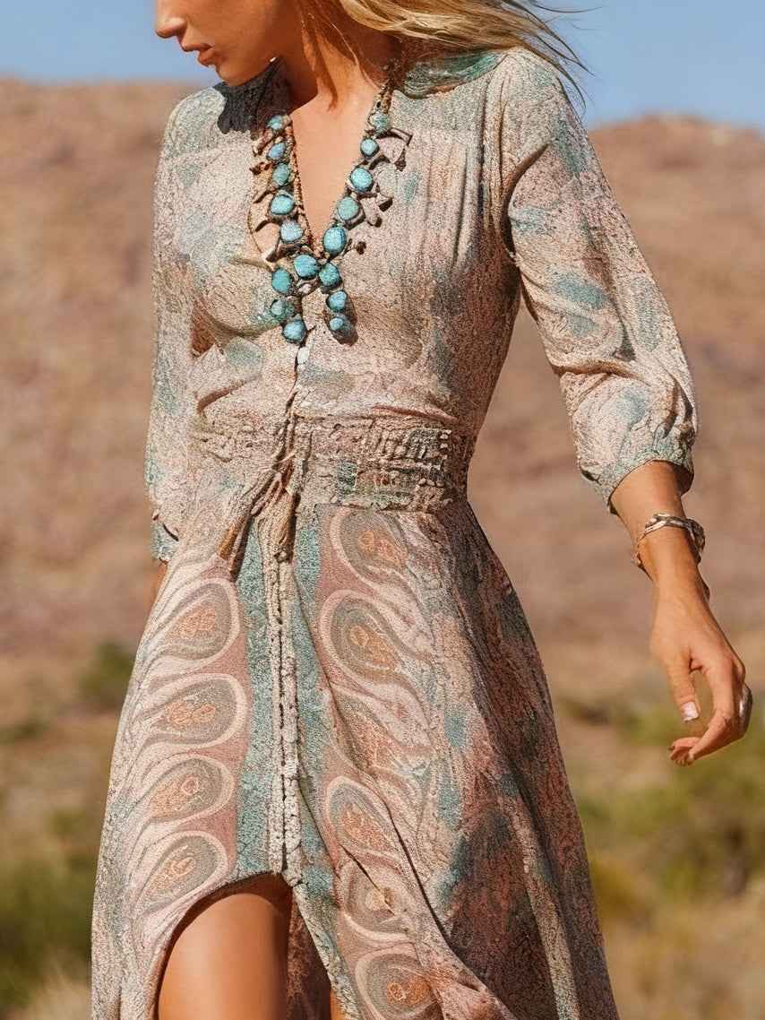 Lange maxi bohemien jurk met Western-stijl print en split