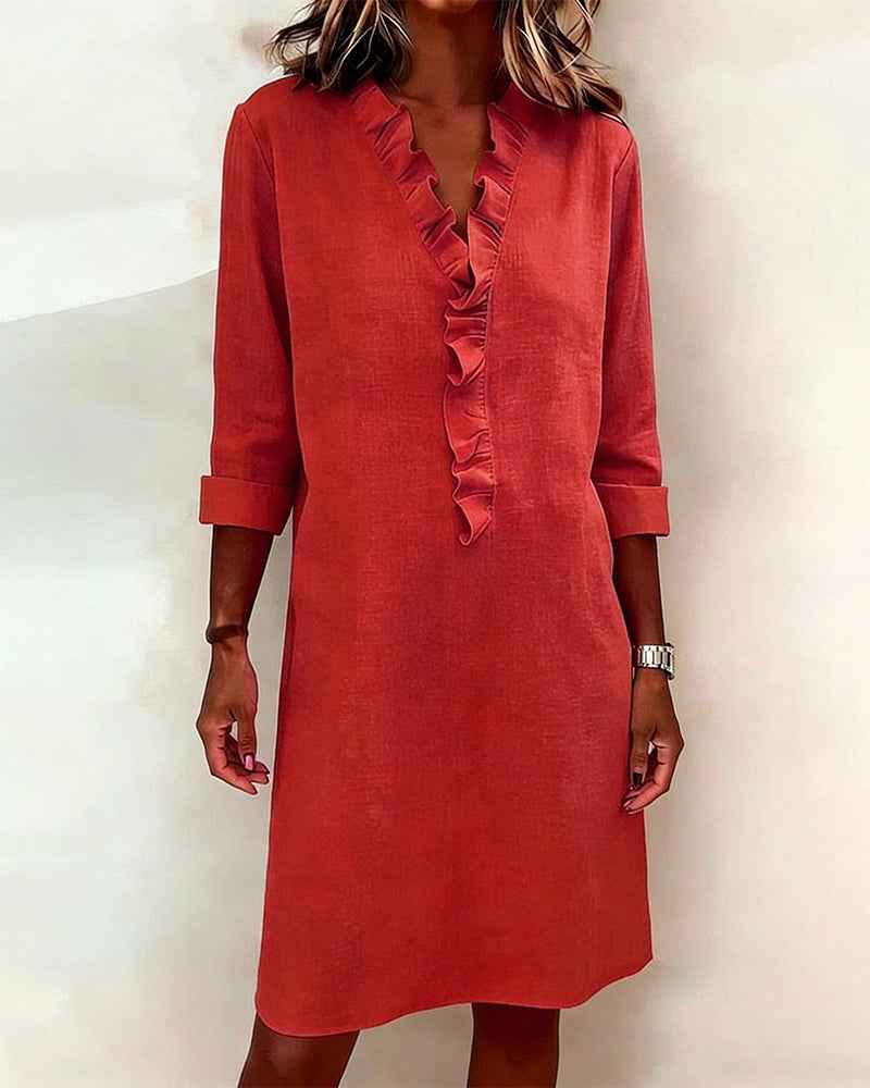 Jurken : Jurk Dames - Casual Katoen-Linnen met V-halslijn & Ruches in Rood van Pantinoshop