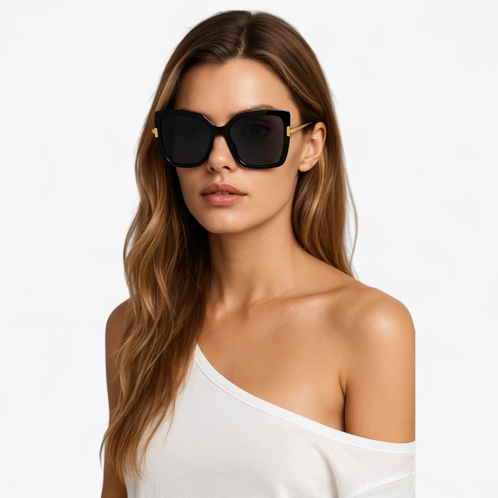 Sunglasses : Cat-eye Zonnebril met T-frame - Opvallende Stijl, Levendige Kleuren - Zwart in van Pantino