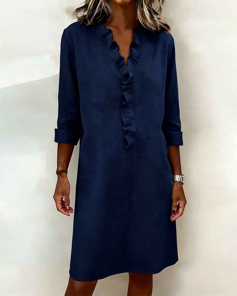 Jurken : Jurk Dames - Casual Katoen-Linnen met V-halslijn & Ruches in Marineblauw van Pantinoshop