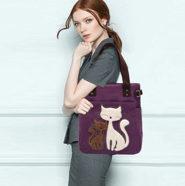 bags : Kat Geborduurde Canvas Tas - Paars in Paars van Pantino