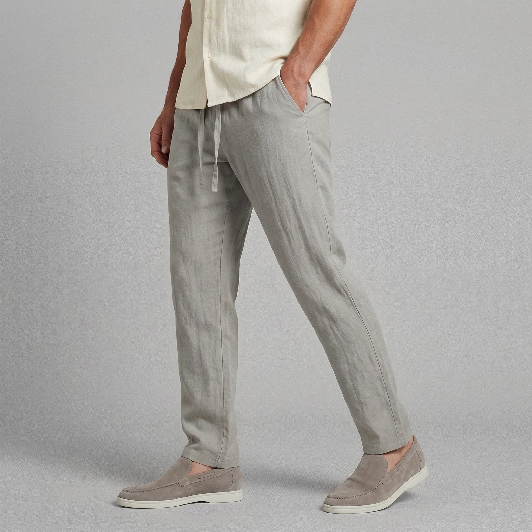 Heren broeken : Wijde linnen herenbroek - Relaxed comfort voor de zomer in Grijs van Pantinoshop