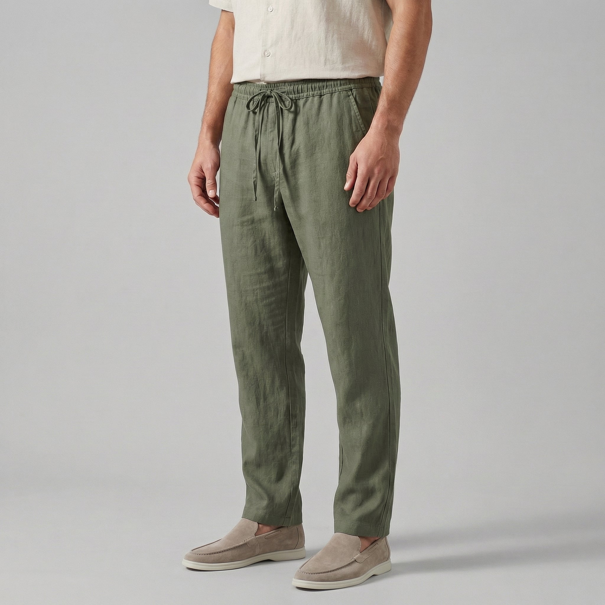 Heren broeken : Wijde linnen herenbroek - Relaxed comfort voor de zomer in Groen van Pantinoshop