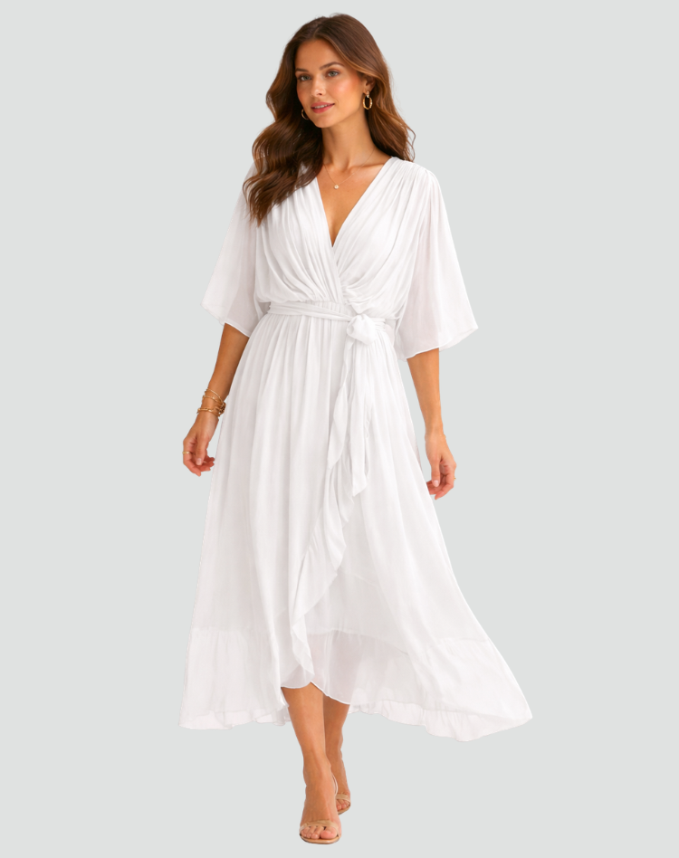 Dames jurken : Dames Midi Jurk met Overslag, Strikdetail - Elegant & Soepel in Wit van Pantinoshop