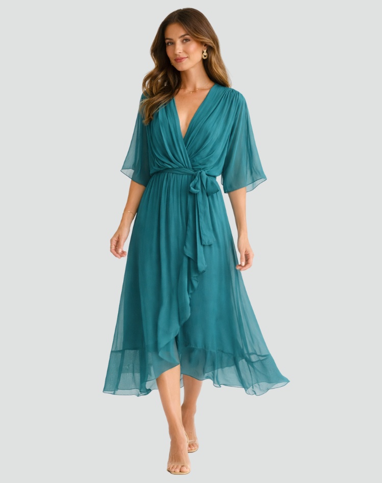 Dames jurken : Dames Midi Jurk met Overslag, Strikdetail - Elegant & Soepel in Blauw meer van Pantinoshop