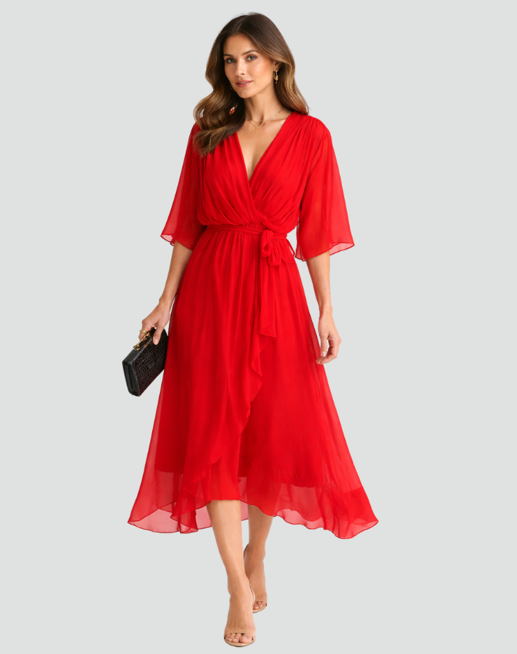 Dames jurken : Dames Midi Jurk met Overslag, Strikdetail - Elegant & Soepel in Rood van Pantinoshop