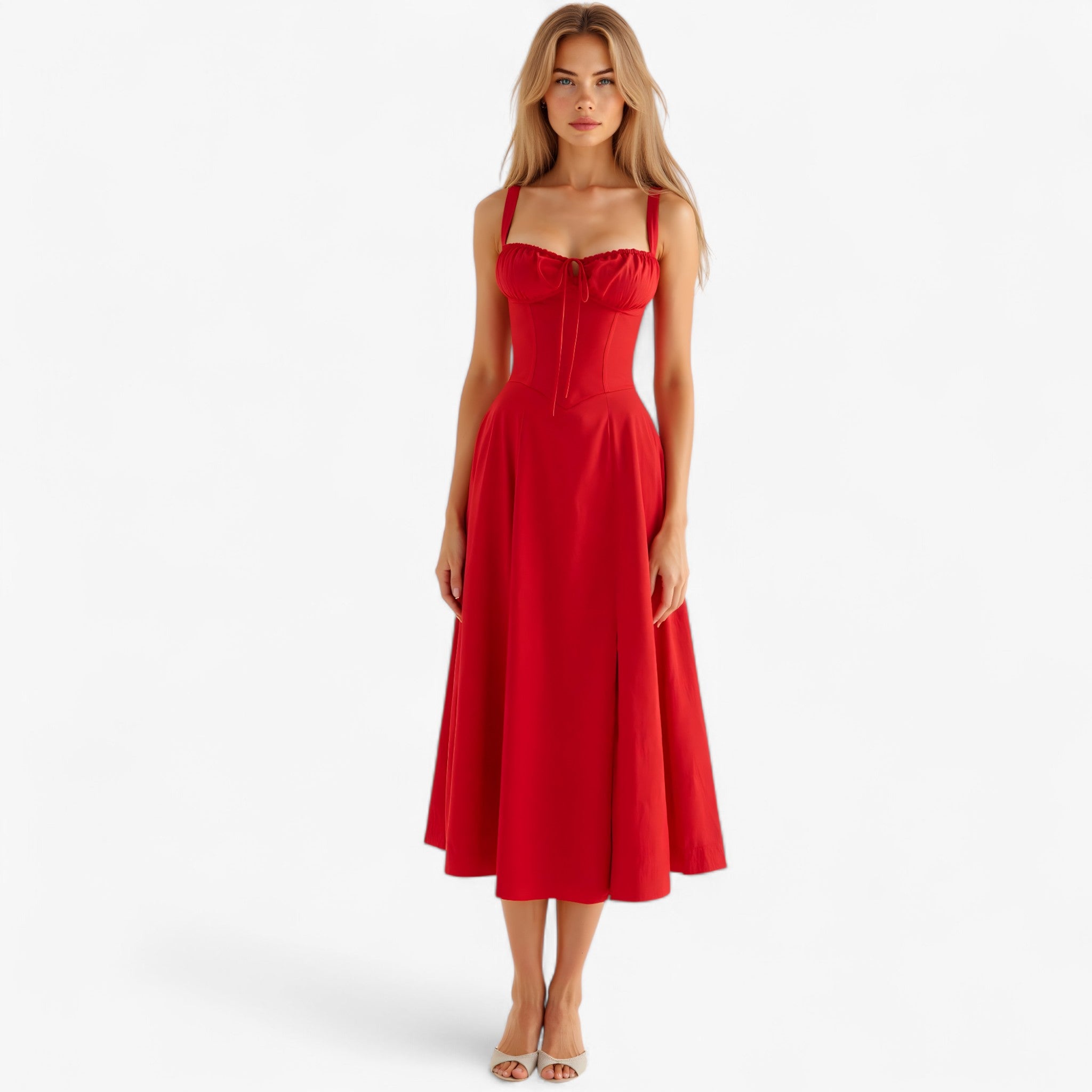 Elegante damesjurk met hoge taille, Midi-jurk Casual of formeel