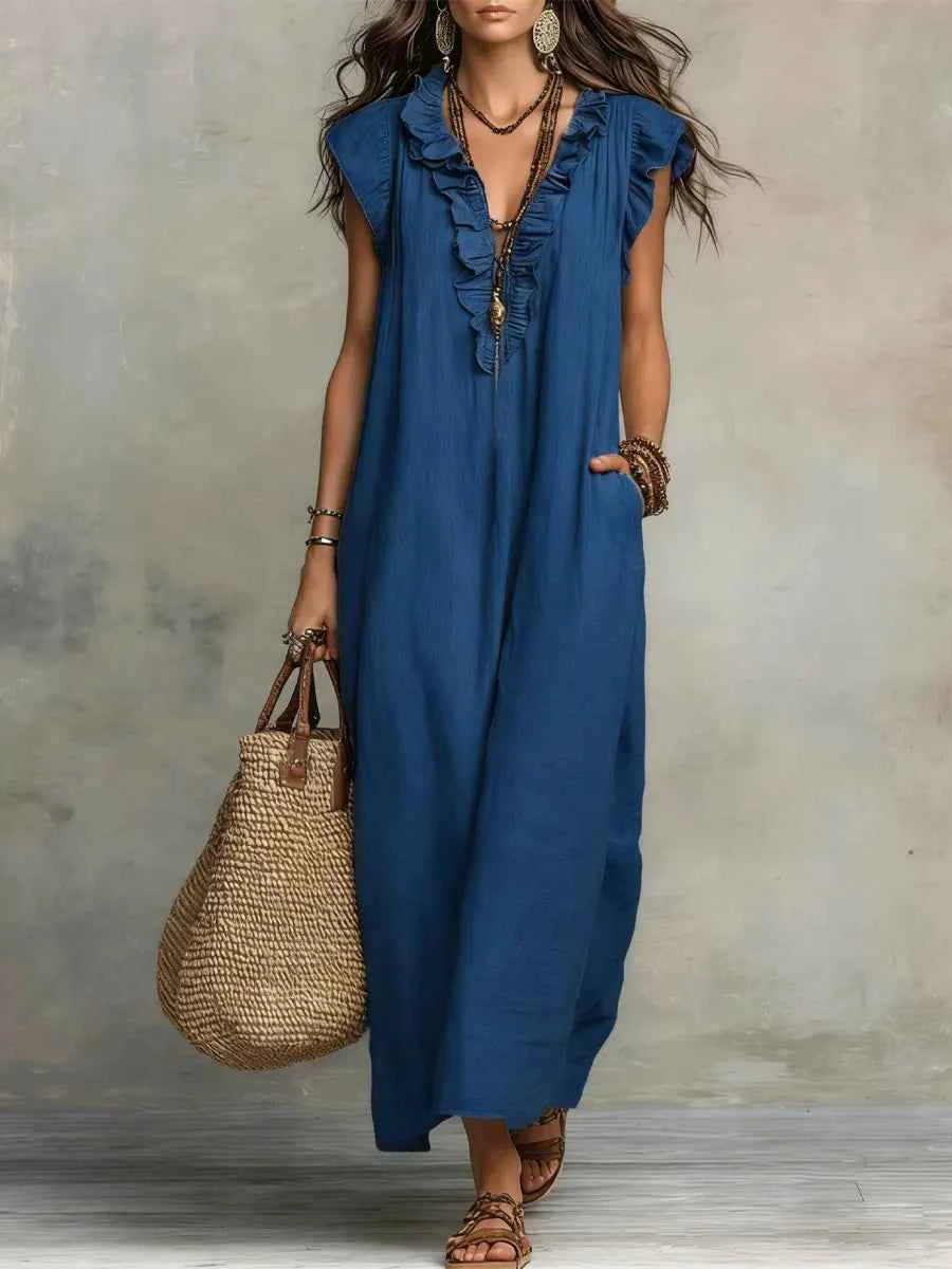Dames Jurken : Boho Damesjurk - Vloeiend, Comfortabel en Luchtig Linnenmix in Blauw van Pantinoshop
