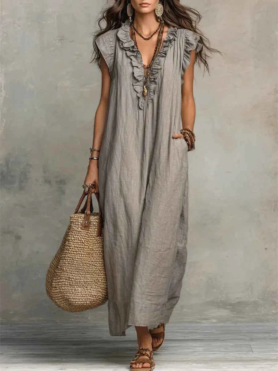 Dames Jurken : Boho Damesjurk - Vloeiend, Comfortabel en Luchtig Linnenmix in Grijs van Pantinoshop