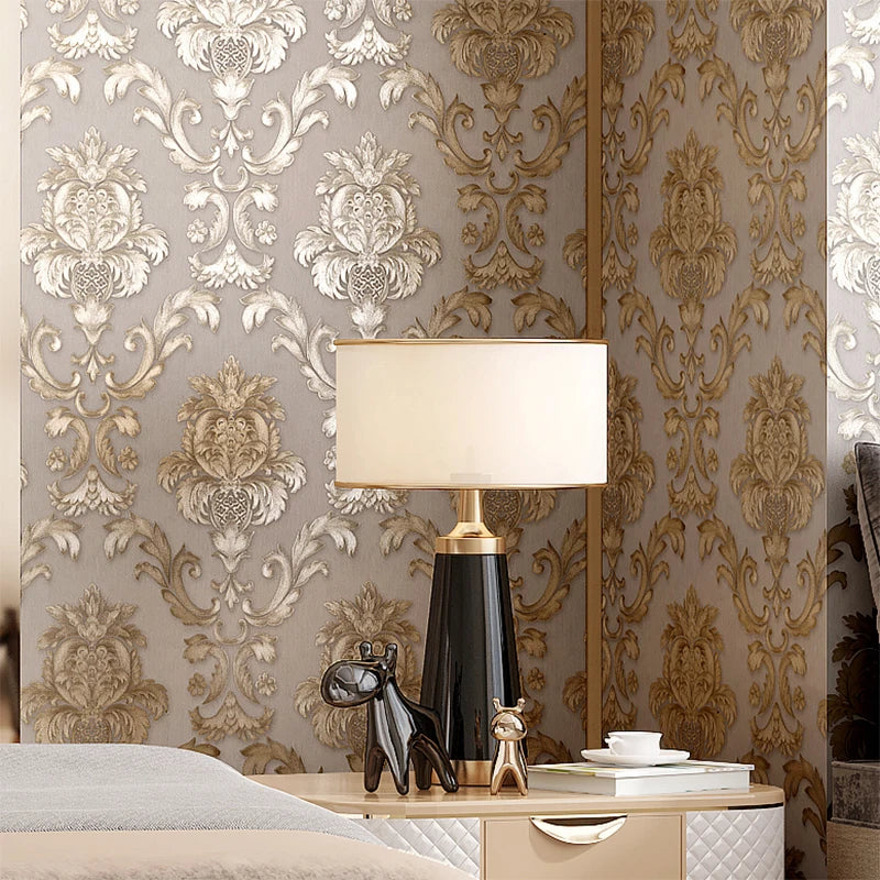 home & garden : Damast Behang Khaki Goud - Antiek Luxe Wandbekleding - Vinyl in van Pantino