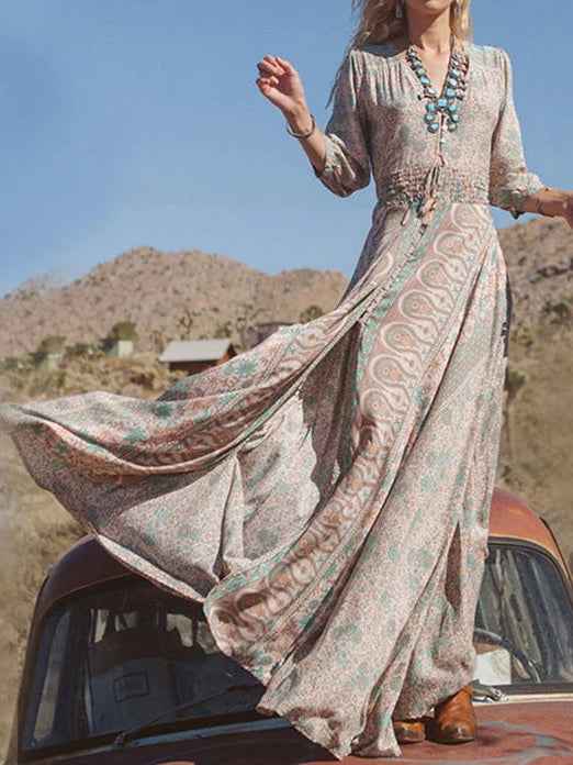 Lange maxi bohemien jurk met Western-stijl print en split
