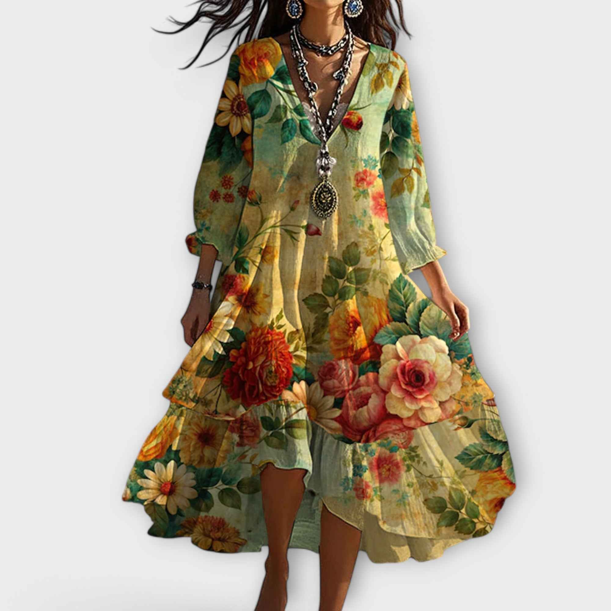 : Boho Zomerjurk Dames - Vintage Stijl met V-hals en Bloemen in Geel van Pantinoshop