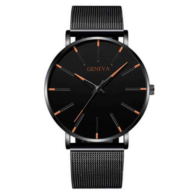 Watch : Montre Homme Geneva Quartz Ultra-Fine Argent Acier Inoxydable Élégante Minimaliste 40mm in Noir Orange van Pantino