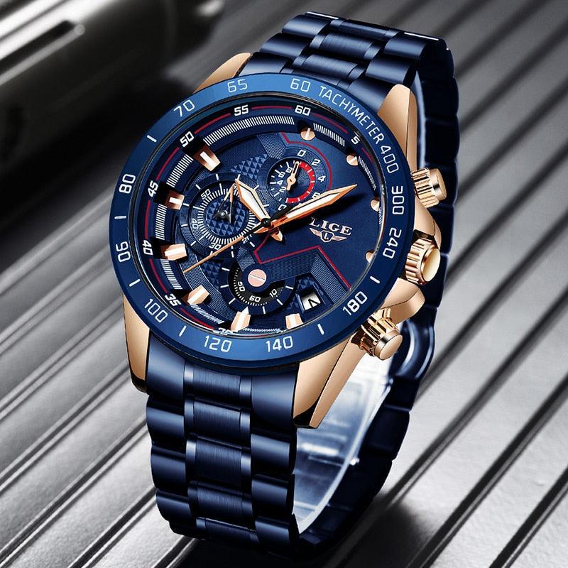 watches : Heren Horloge - LigeWatch Luxe Blauw Roestvrij Staal - Waterdicht Analoog Kwarts in Alle blauwe van Pantino