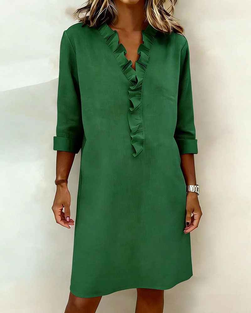 Jurken : Jurk Dames - Casual Katoen-Linnen met V-halslijn & Ruches in Groen van Pantinoshop