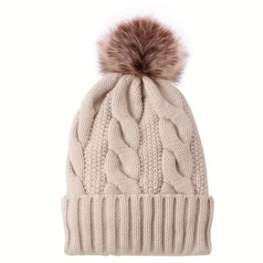 Beanie : Warme Muts met Bontbal Dames - Beige in Beige van Pantino