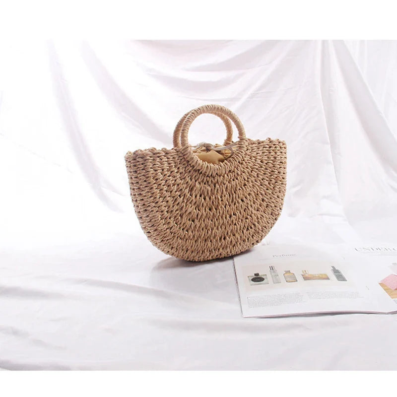 bags : Strandtas Dames Beige - Bohemian Handgeweven Stro Trekkoord - Stro in van Pantino