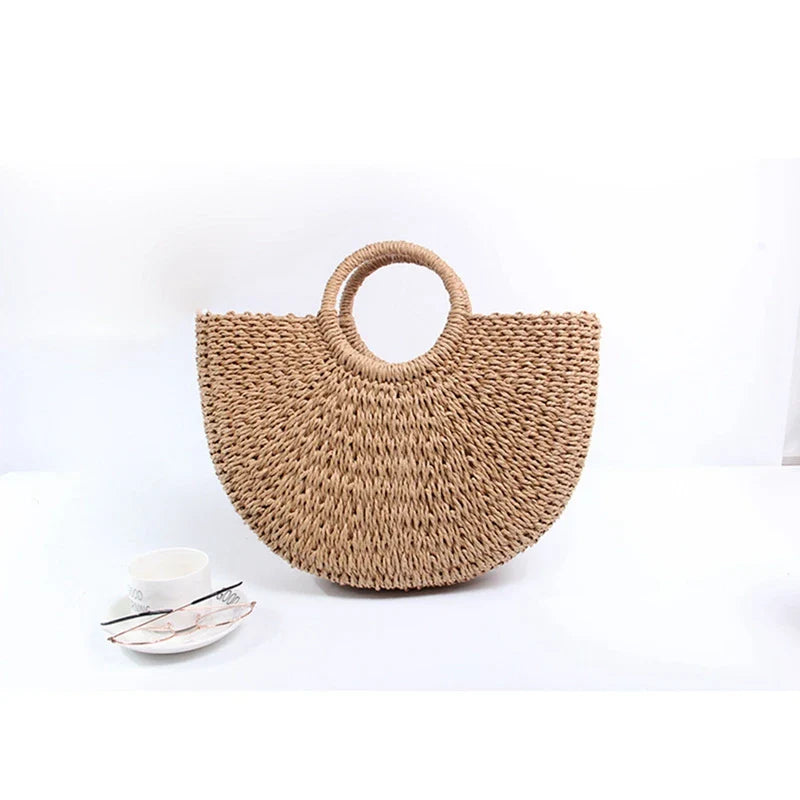 bags : Strandtas Dames Beige - Bohemian Handgeweven Stro Trekkoord - Stro in van Pantino
