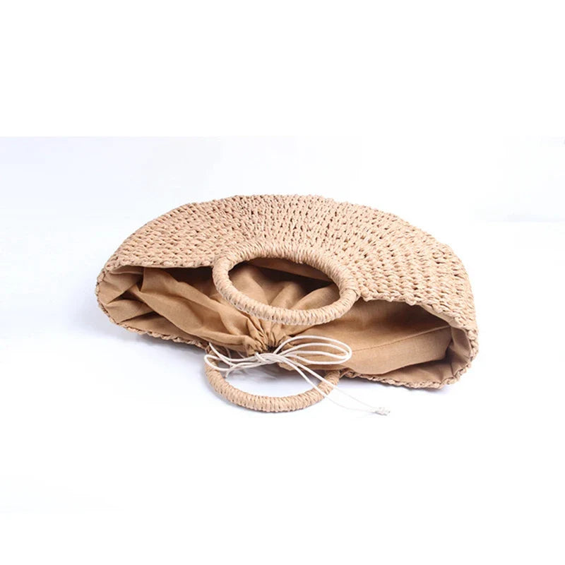 bags : Strandtas Dames Beige - Bohemian Handgeweven Stro Trekkoord - Stro in van Pantino