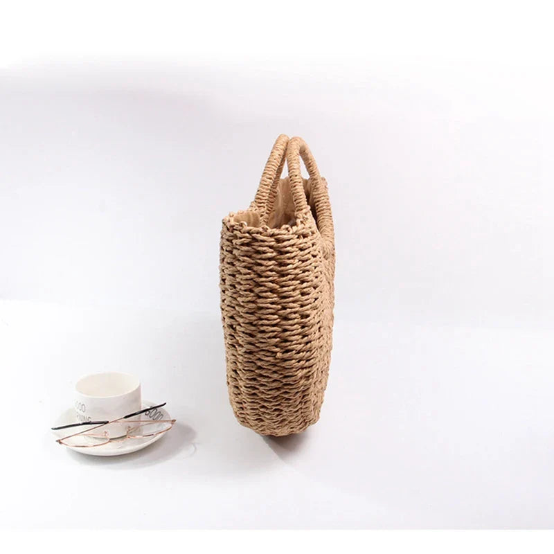 bags : Strandtas Dames Beige - Bohemian Handgeweven Stro Trekkoord - Stro in van Pantino