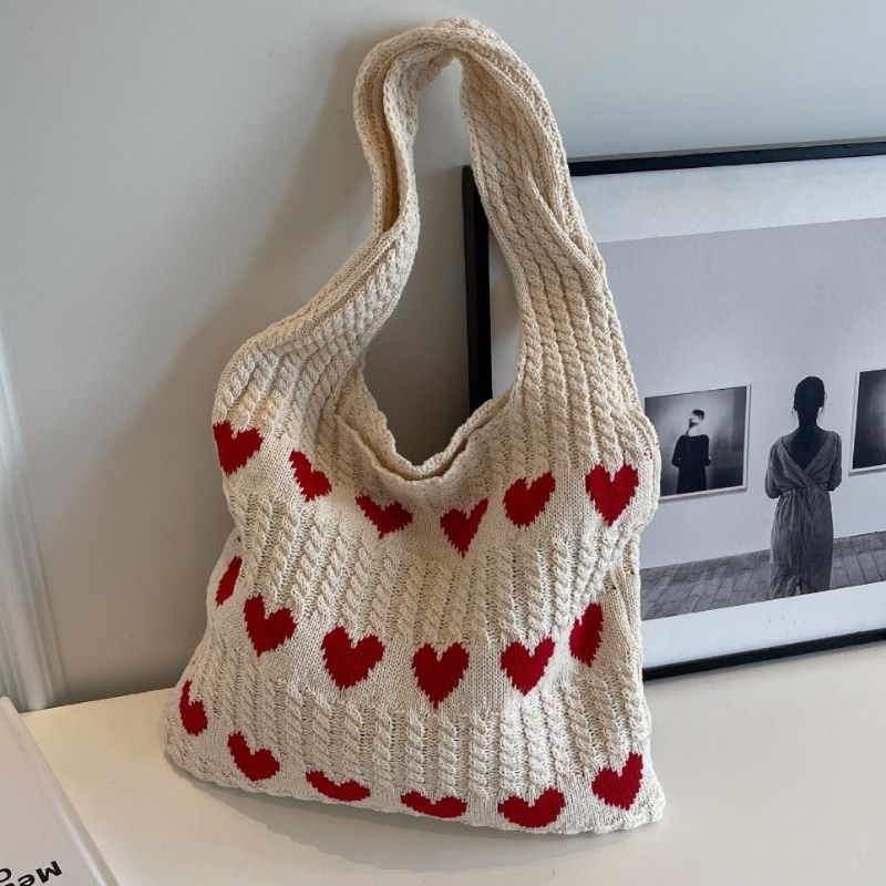 bags : Gebreide Strandtas Dames Blauw - Chique Hartjespatroon - Wol in van Pantino