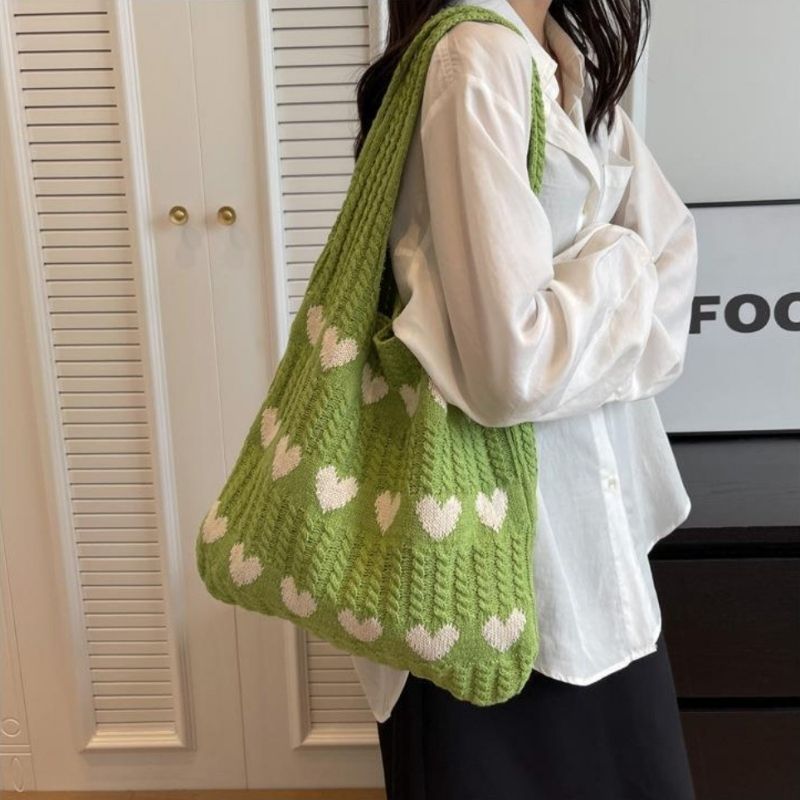 bags : Gebreide Strandtas Dames Blauw - Chique Hartjespatroon - Wol in van Pantino