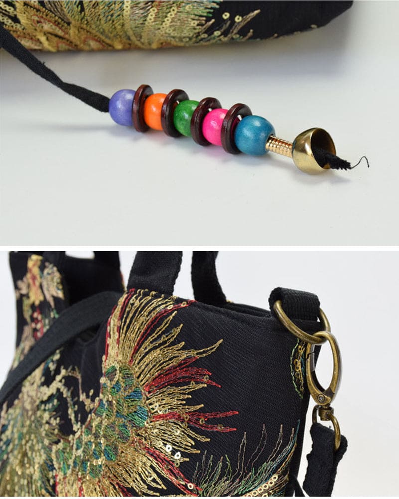 bags : Tas met Etnische Stijl en Pauwenborduurwerk - Blauw in van Pantino