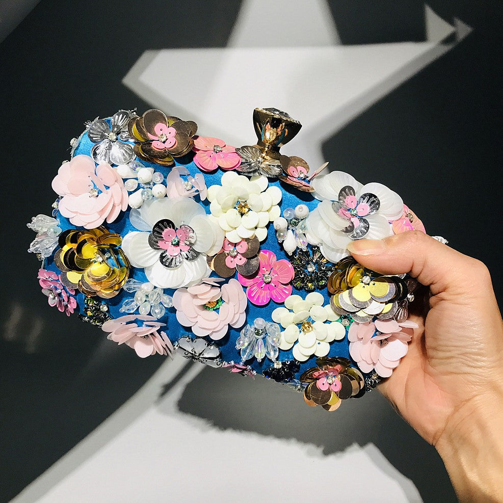 bags : Bloemen Handtas Dames Goud - Verfraaid met Parels Feestelijk - Stof in Blauw van Pantino