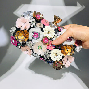 bags : Bloemen Handtas Dames Goud - Verfraaid met Parels Feestelijk - Stof in Zwart van Pantino