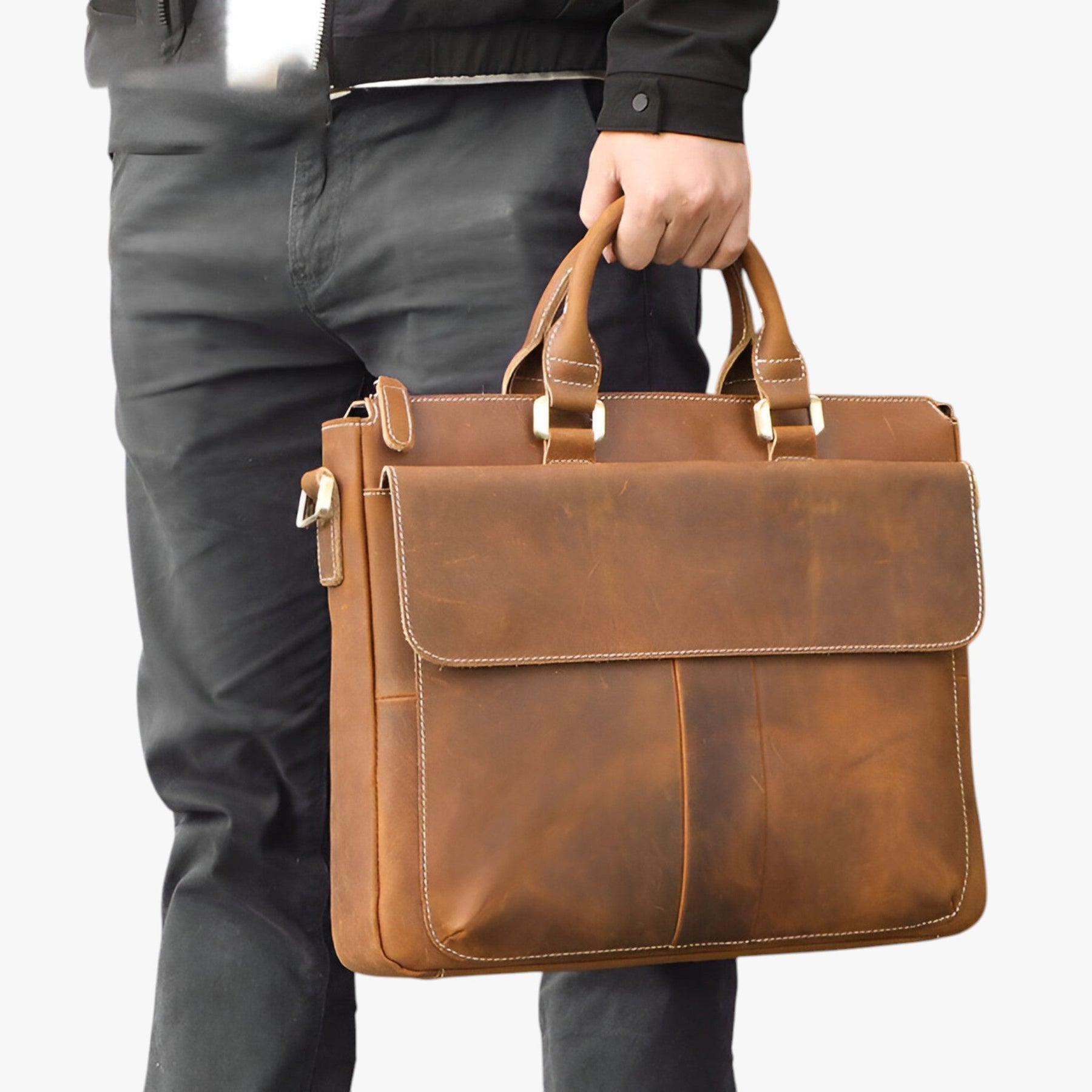 bags : Leren Laptoptas met Schouderband Leer - Bruin in van Pantino