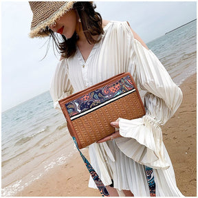 bags : Strandtas Khaki - Retro Etnische Wind - SeaSide Chic in Bruin 28X18X6cm van Pantino