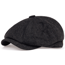 Flat Cap : Baret Heren Zwart - Retro Pet met Acht Stofpanden in Visgraattweed, Casual Gestreepte in Zwart van Pantino