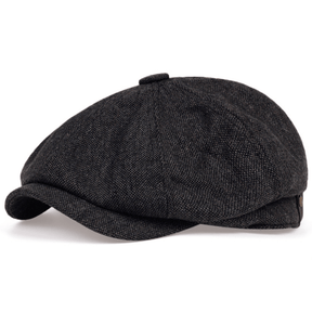 Flat Cap : Baret Heren Zwart - Retro Pet met Acht Stofpanden in Visgraattweed, Casual Gestreepte in van Pantino