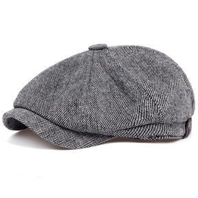 Flat Cap : Baret Heren Zwart - Retro Pet met Acht Stofpanden in Visgraattweed, Casual Gestreepte in Grijs van Pantino