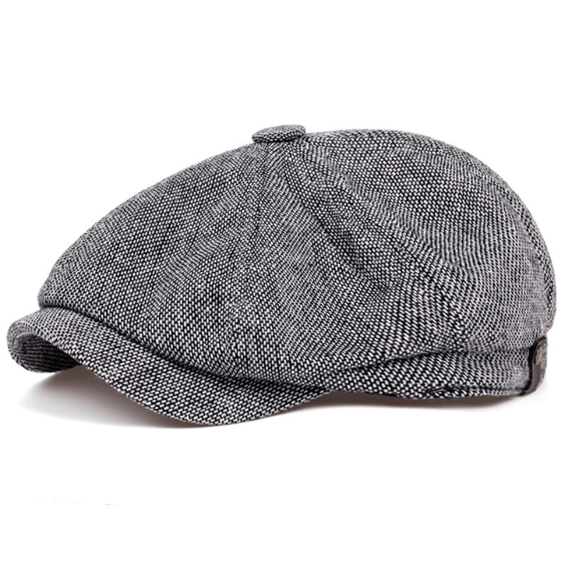 Flat Cap : Baret Heren Zwart - Retro Pet met Acht Stofpanden in Visgraattweed, Casual Gestreepte in Grijs van Pantino
