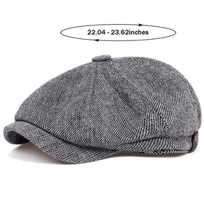Flat Cap : Baret Heren Zwart - Retro Pet met Acht Stofpanden in Visgraattweed, Casual Gestreepte in van Pantino