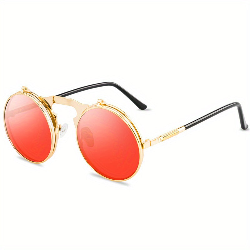 Sunglasses : Vintage Steampunk Opklapbare Zonnebril, Retro Ronde Metalen Frame Zonnebril Dames - Zwart Grijs in Gouden & Rood van Pantino