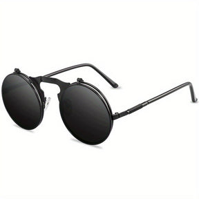 Sunglasses : Vintage Steampunk Opklapbare Zonnebril, Retro Ronde Metalen Frame Zonnebril Dames - Zwart Grijs in Zwart Grijs van Pantino