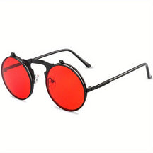 Sunglasses : Vintage Steampunk Opklapbare Zonnebril, Retro Ronde Metalen Frame Zonnebril Dames - Zwart Grijs in Zwart Rood van Pantino