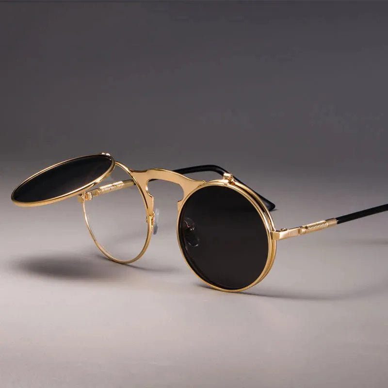 Sunglasses : Vintage Steampunk Opklapbare Zonnebril, Retro Ronde Metalen Frame Zonnebril Dames - Zwart Grijs in van Pantino