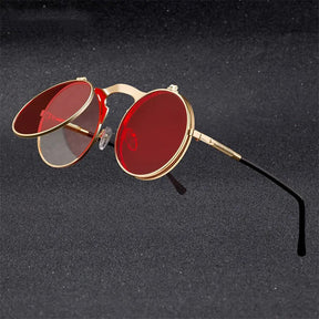 Sunglasses : Vintage Steampunk Opklapbare Zonnebril, Retro Ronde Metalen Frame Zonnebril Dames - Zwart Grijs in van Pantino