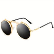 Sunglasses : Vintage Steampunk Opklapbare Zonnebril, Retro Ronde Metalen Frame Zonnebril Dames - Zwart Grijs in Goud&grijs van Pantino