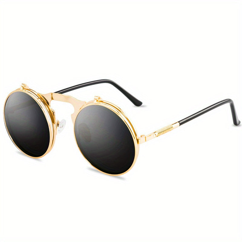Sunglasses : Vintage Steampunk Opklapbare Zonnebril, Retro Ronde Metalen Frame Zonnebril Dames - Zwart Grijs in Goud&grijs van Pantino