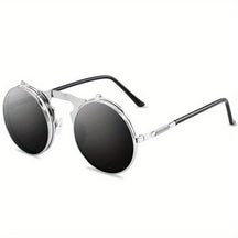 Sunglasses : Vintage Steampunk Opklapbare Zonnebril, Retro Ronde Metalen Frame Zonnebril Dames - Zwart Grijs in Zilver Grijs van Pantino